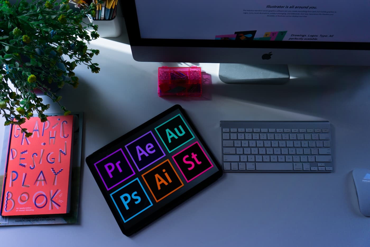Creative design workspace with color palettes and typography